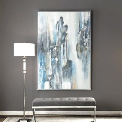 Abstract In Style, This Modern, Hand Painted Artwork On Canvas Features Muted, On Trend Shades. Mottled Hues Of Blue And G...