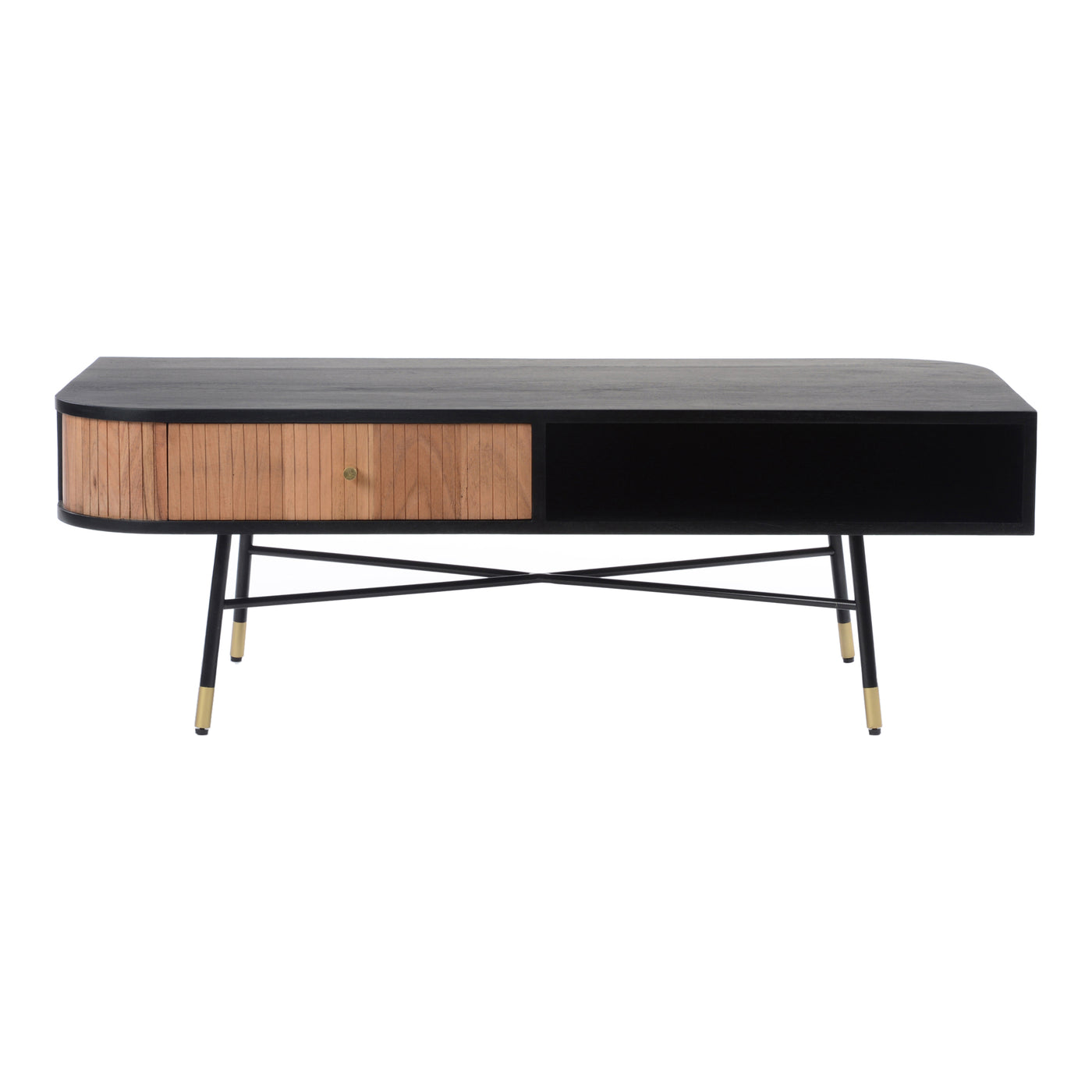 A wood and iron affair. The Bezier coffee table adds character to your home with its curved sides, opposite drawers, and p...