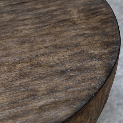 Showcasing A Minimalist Style, This Round Coffee Table Features A Mango Wood Veneer Overlay In A Heavily Textured Aged Wal...