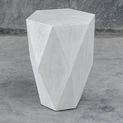This Unique Geometric Side Table Features A Sunburst Top In Mango Veneer In A Fresh White Ceruse Finish.
