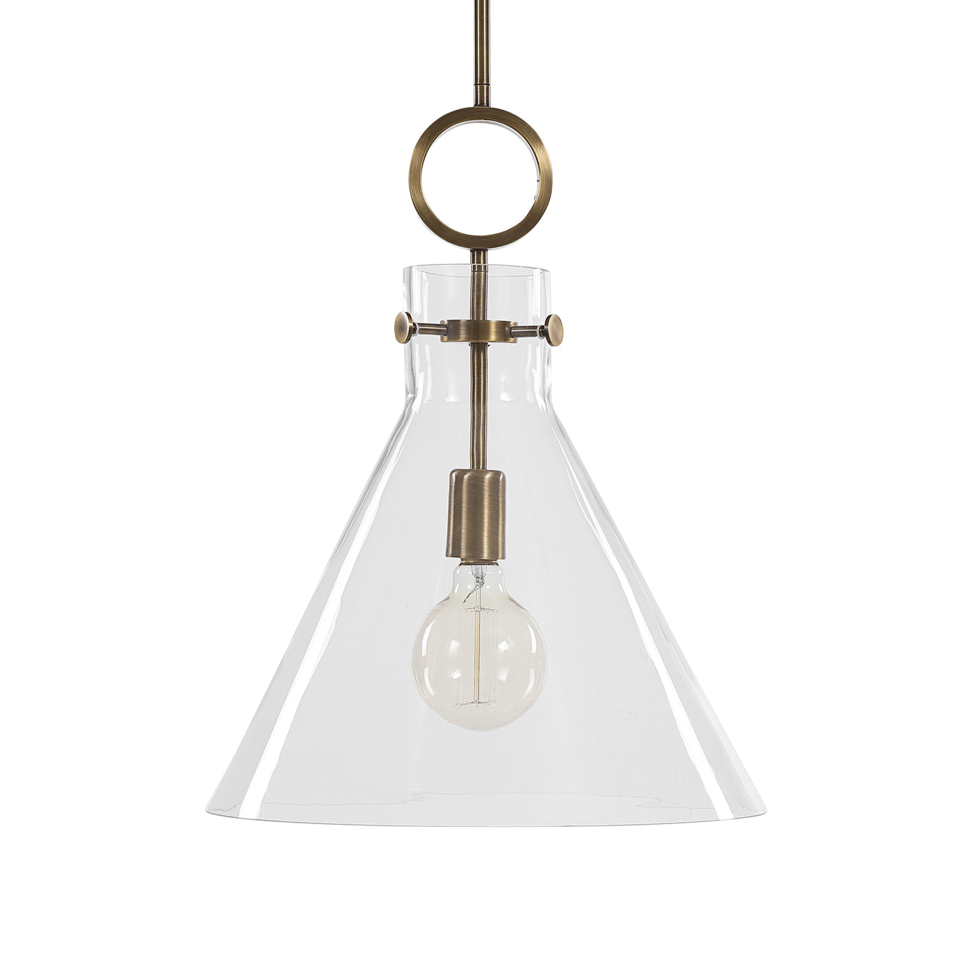 Playful Funnel Shaped Clear Glass Bestows An Almost Whimsical Touch To The Clean Design Of This 1 Lt. Pendant With Aged Br...