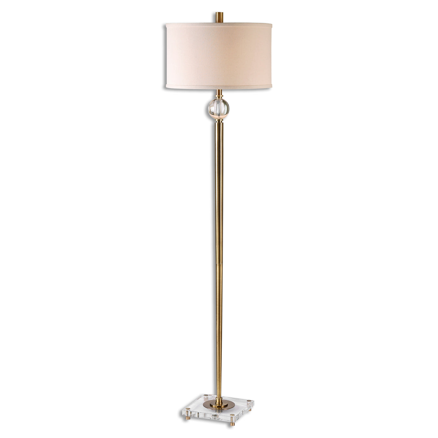 Tapered Metal Base Finished In A Plated Brush Brass Accented With Crystal Details. The Round Hardback Drum Shade Is An Off...