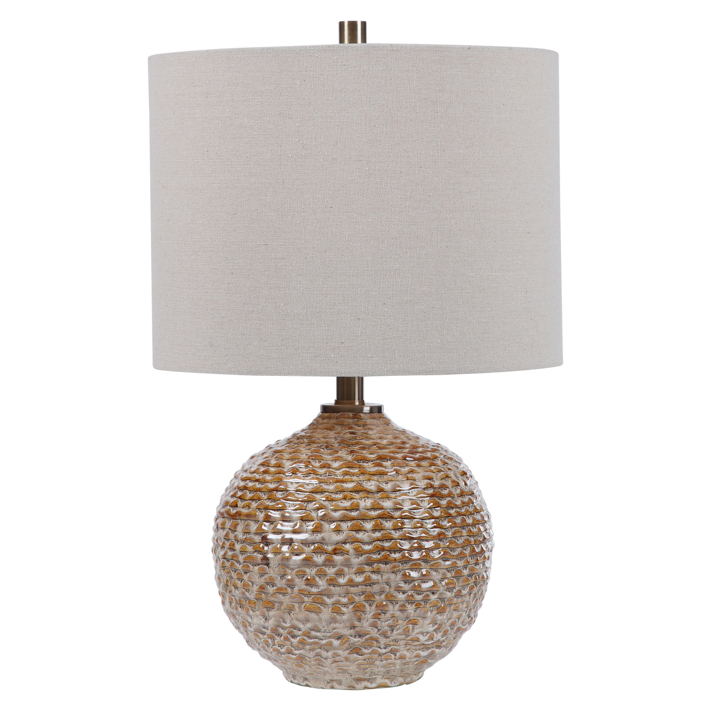 This Unique Ceramic Table Lamp Displays A Rustic, Wavy Ribbed Texture In Rust Brown Glaze Covered In Aged Taupe Tones, Acc...