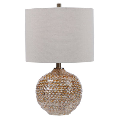 This Unique Ceramic Table Lamp Displays A Rustic, Wavy Ribbed Texture In Rust Brown Glaze Covered In Aged Taupe Tones, Acc...