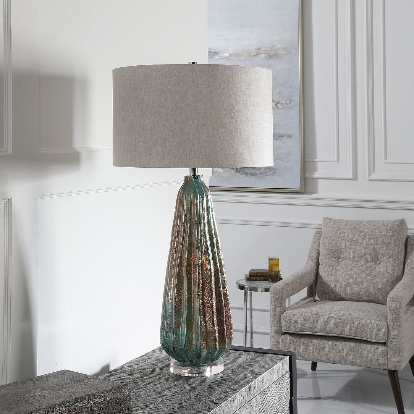 Elegant And Sophisticated, This Art Glass Table Lamp Displays A Deep Ridged Design With Colorful Light Blue And Rust Tones...