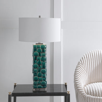 Sporting A Fun, Contemporary Design, This Ceramic Table Lamp Showcases A Geometric Square And Circle Motif Finished In A D...