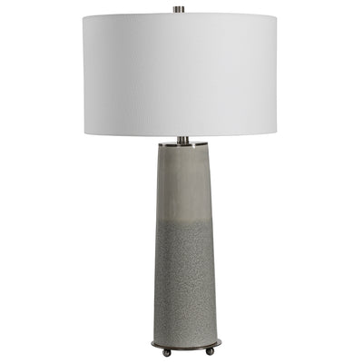 Sleek And Contemporary, This Ceramic Table Lamp Showcases A Two-tone Light Gray Glaze With A Gloss Sheen Top Half And A Te...