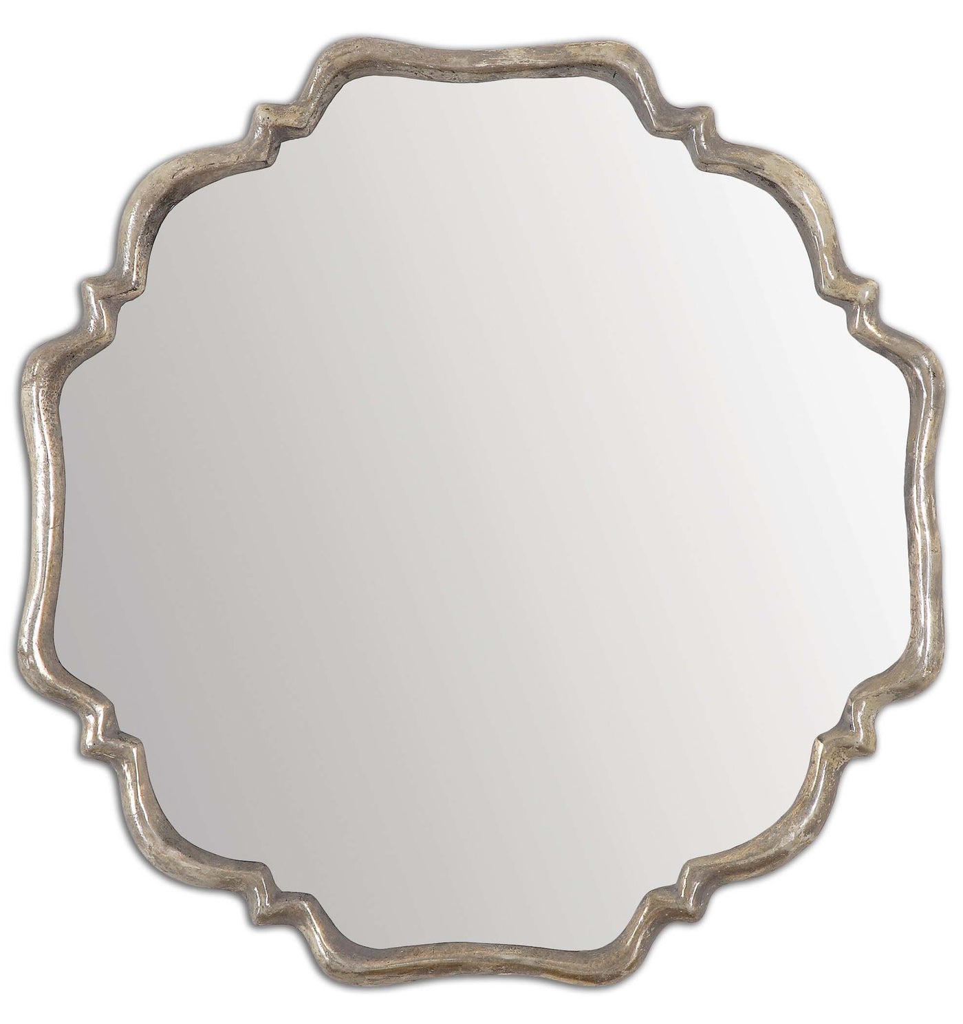 This Shapely Mirror Features A Frame With A Plated, Oxidized Silver Finish And A Rust Gray Wash.