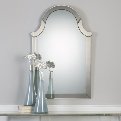This Frameless Mirror Featuring Hand Beveled Side Mirrors, Displays An Impressive Arch Top.