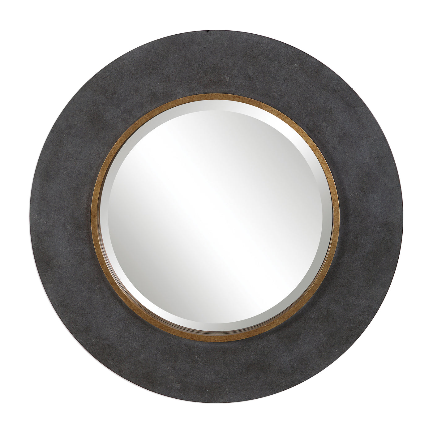 This Round Mirror Features A Sleek, Solid Wood Constructed Outer Frame That Is Finished In Mottled Charcoal Concrete Look,...