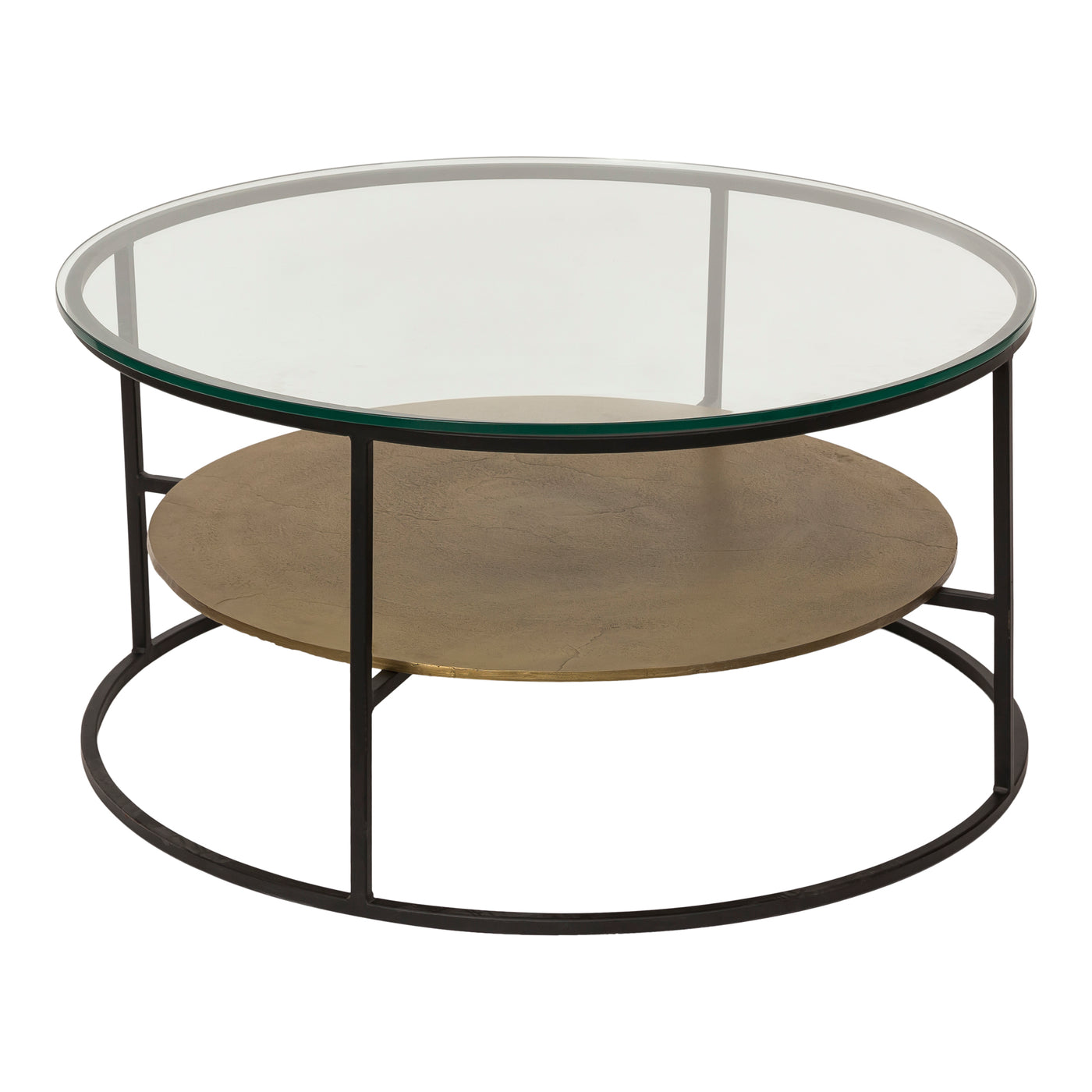 The stylish Callie Coffee Table features a circular design with a  fixed metal shelf in a brass finish, visible through th...