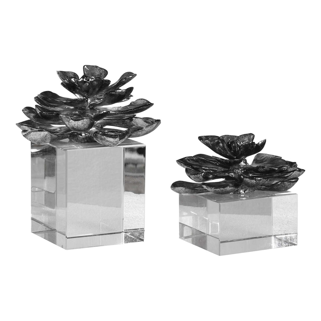 Indian Lotus Metallic Silver Flowers Set/2