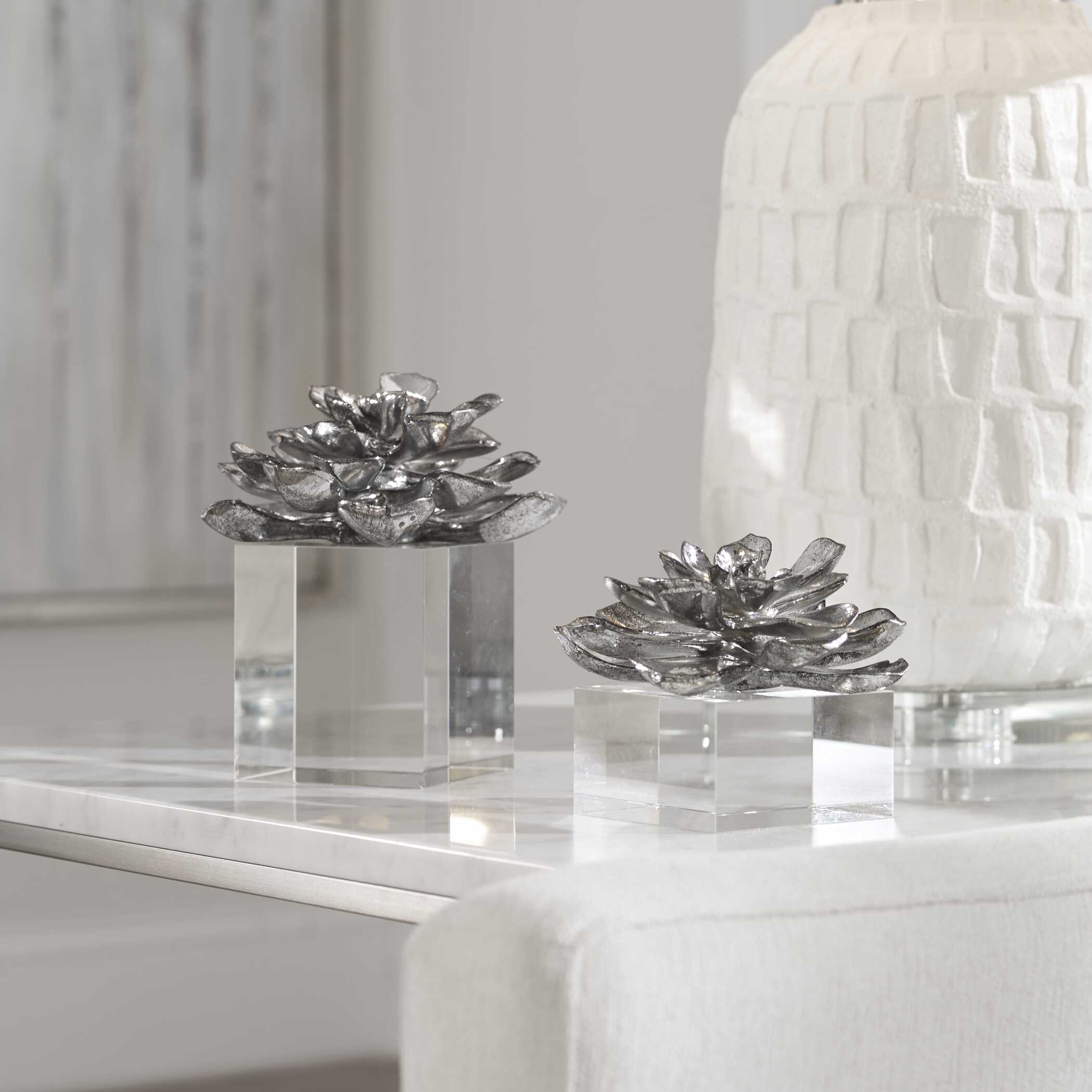 Indian Lotus Metallic Silver Flowers Set/2