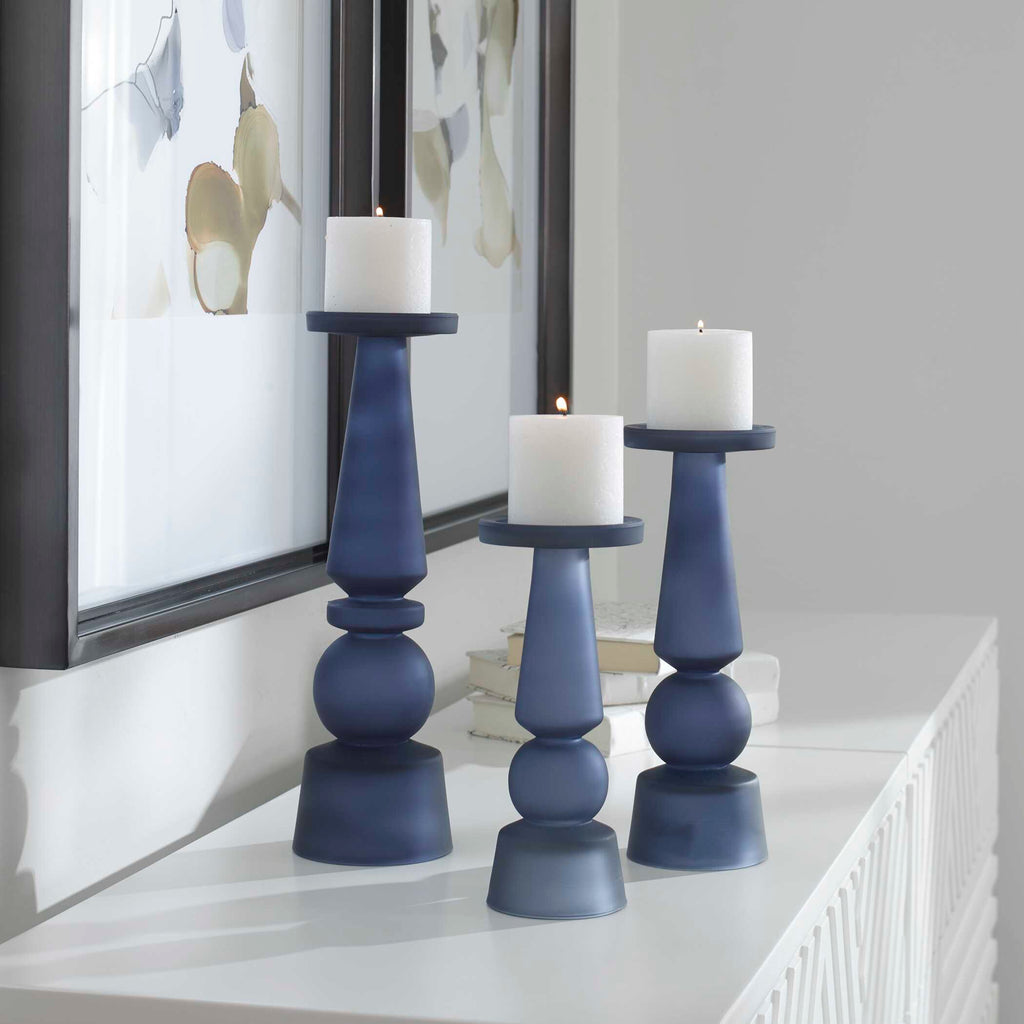 Cassiopeia Blue Glass Candleholders Set/3
