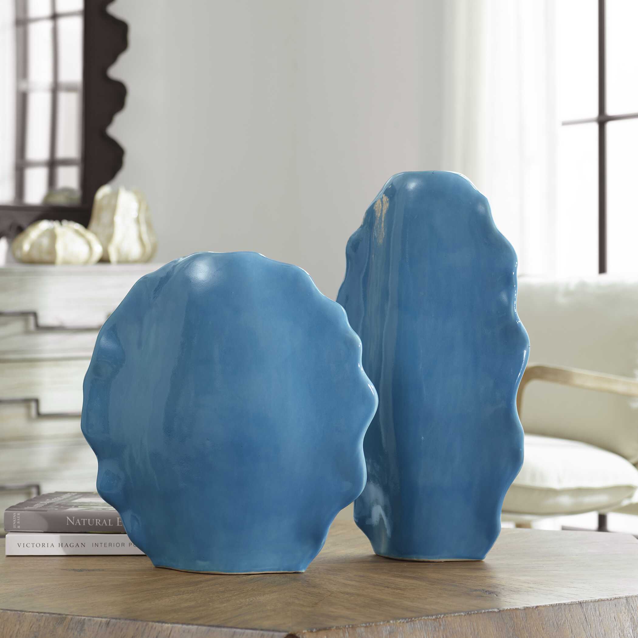 Ruffled Feathers Vases, Blue, S/2