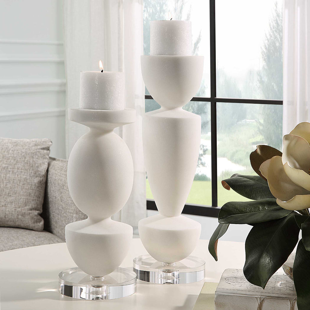 Lido White Stone Candleholders Set/2