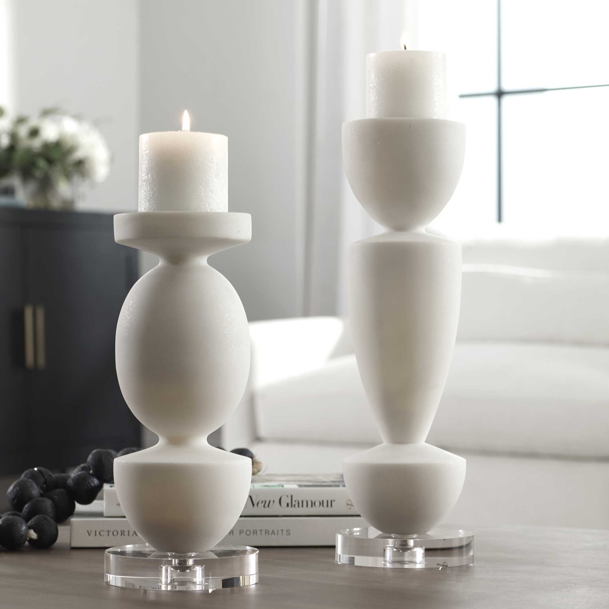 Lido White Stone Candleholders Set/2