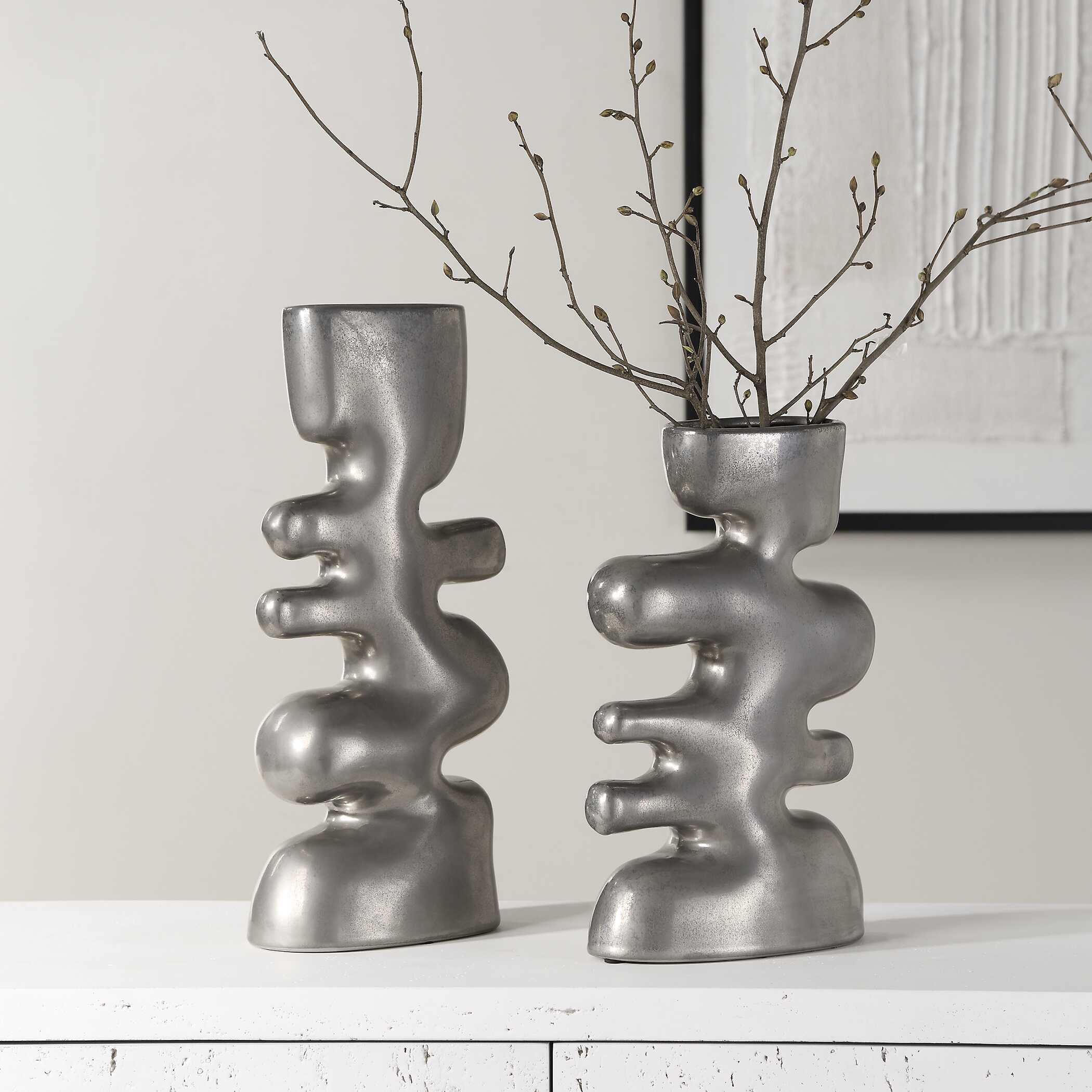 Free Flowing Nickel Vases Set/2