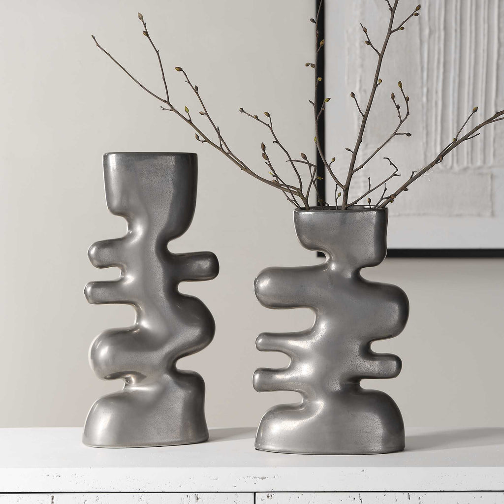 Free Flowing Nickel Vases Set/2