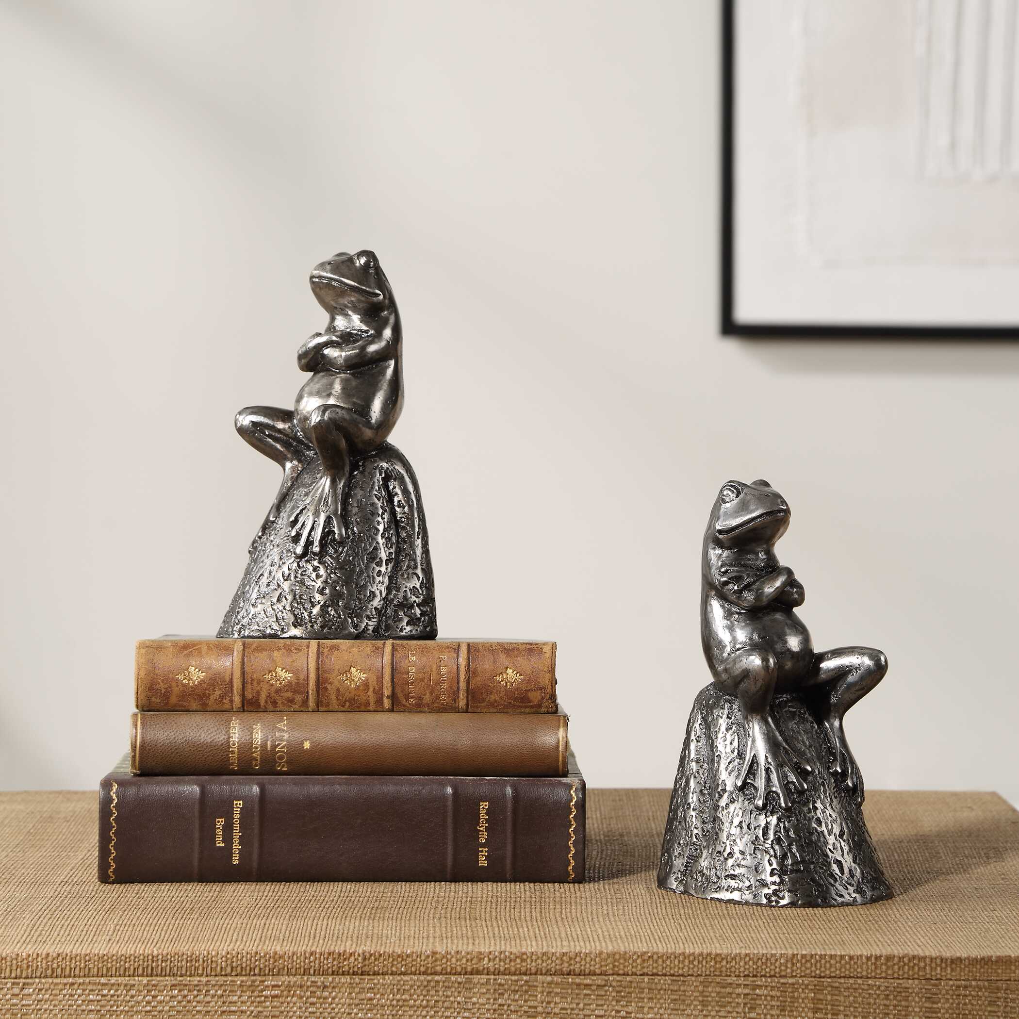 Daydreaming Frogs Aged Silver Bookends Set/2