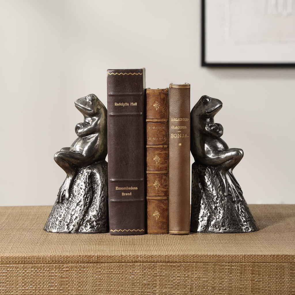 Daydreaming Frogs Aged Silver Bookends Set/2