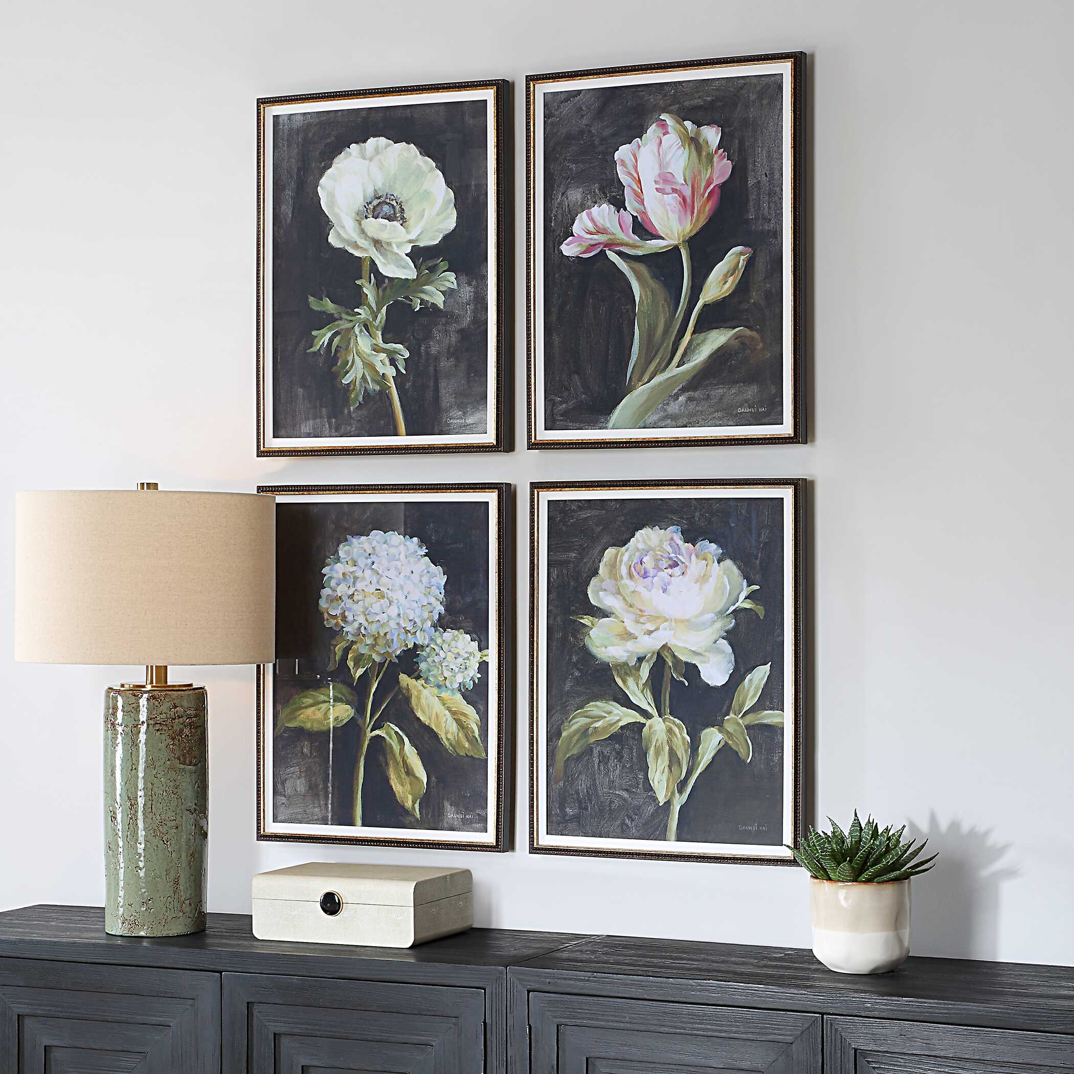 Florals On Black Framed Prints Set/4