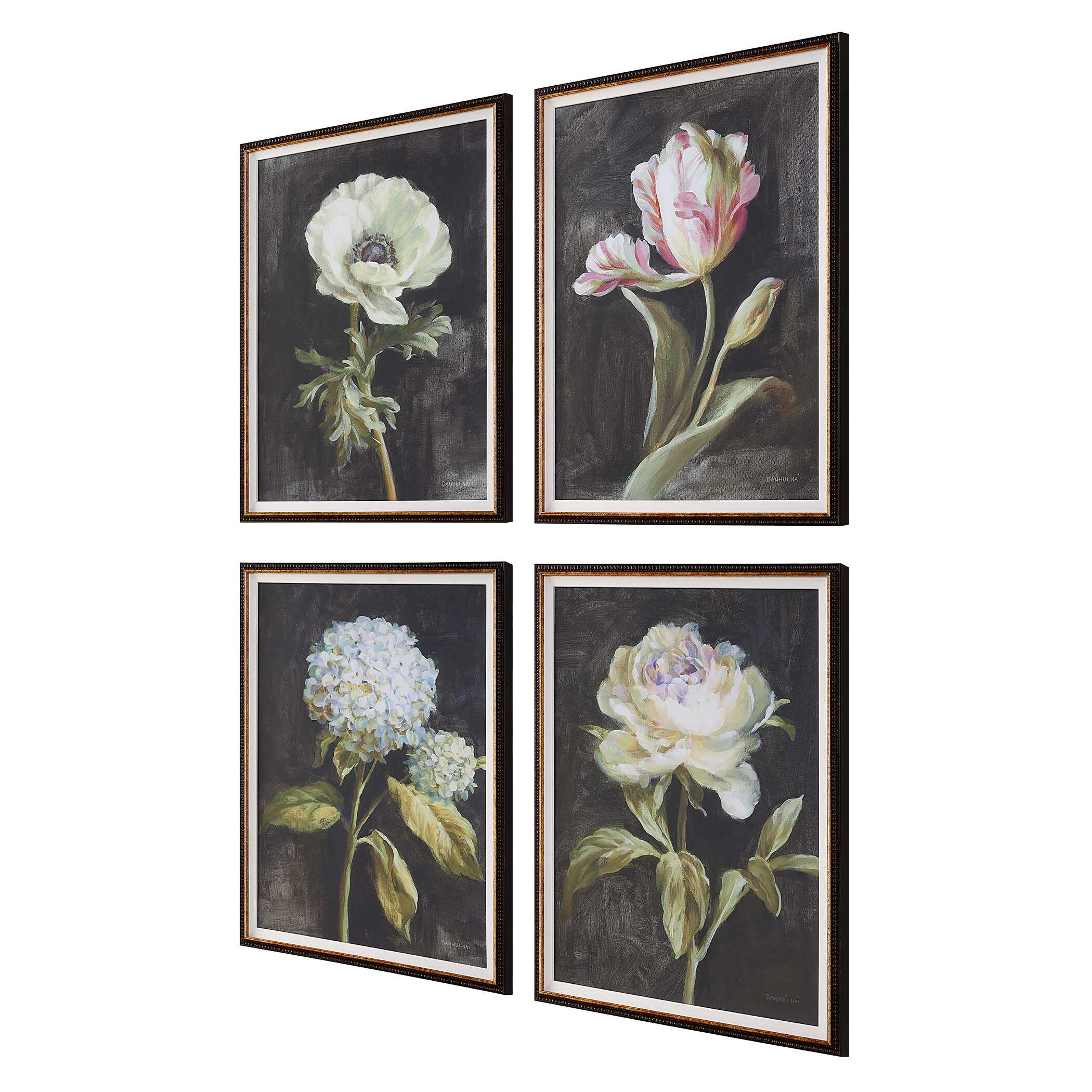 Florals On Black Framed Prints Set/4