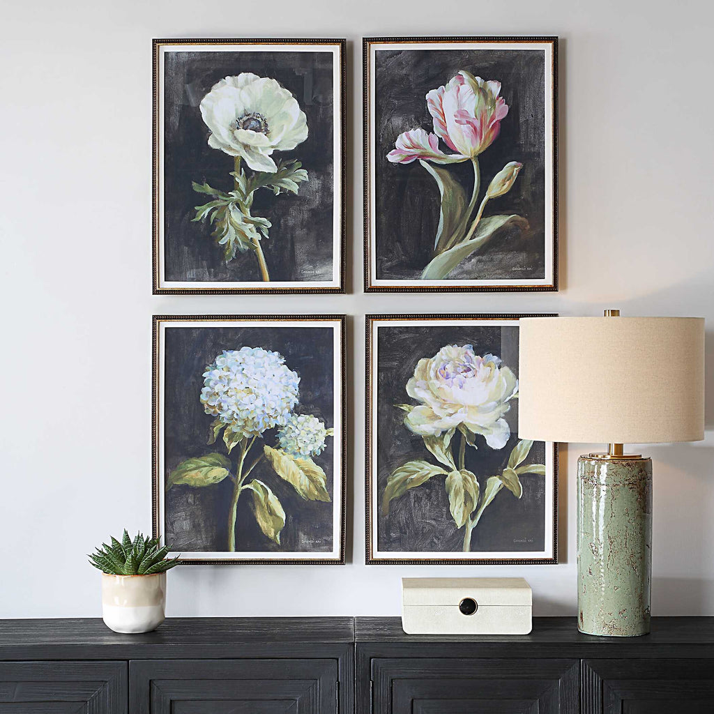 Florals On Black Framed Prints Set/4