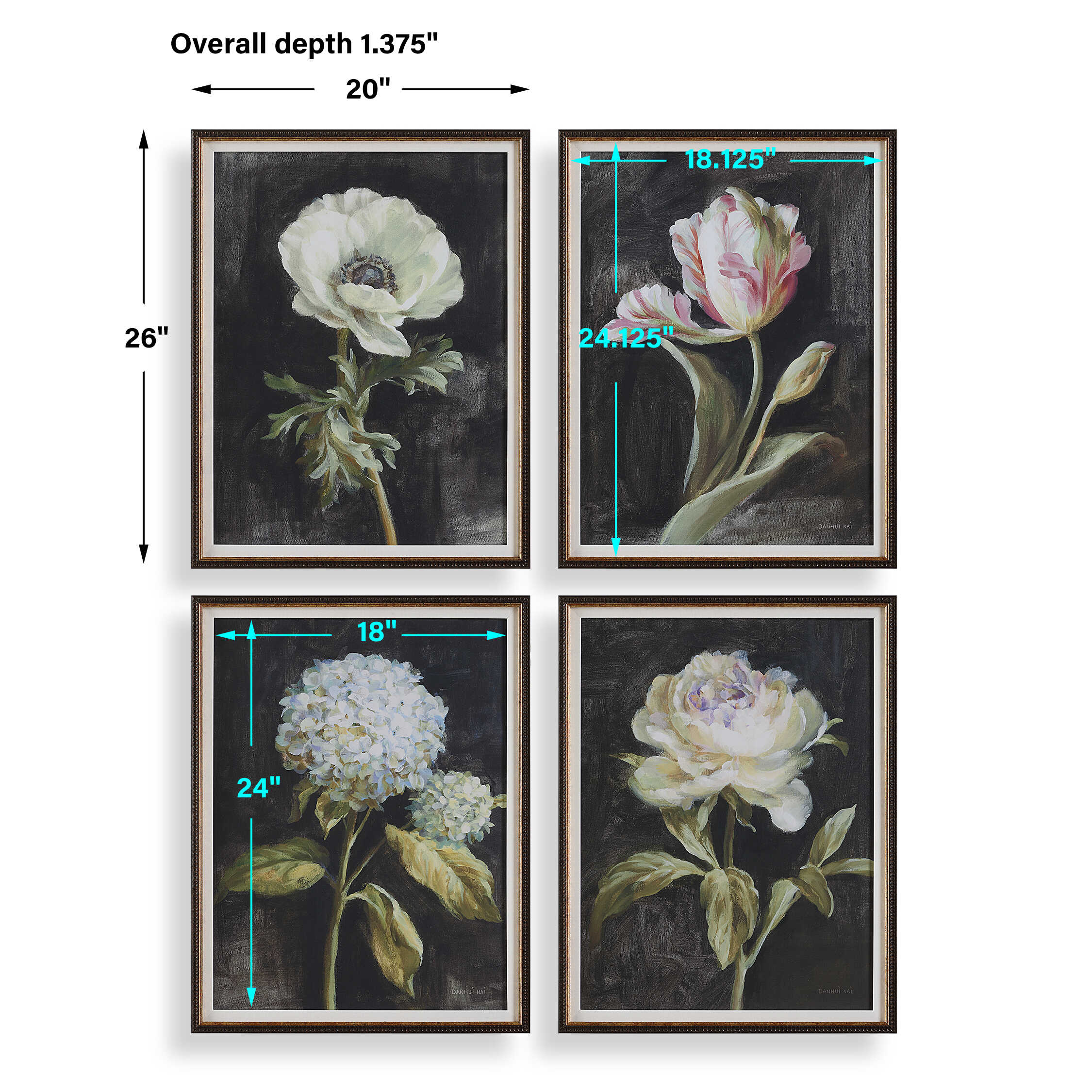 Florals On Black Framed Prints Set/4