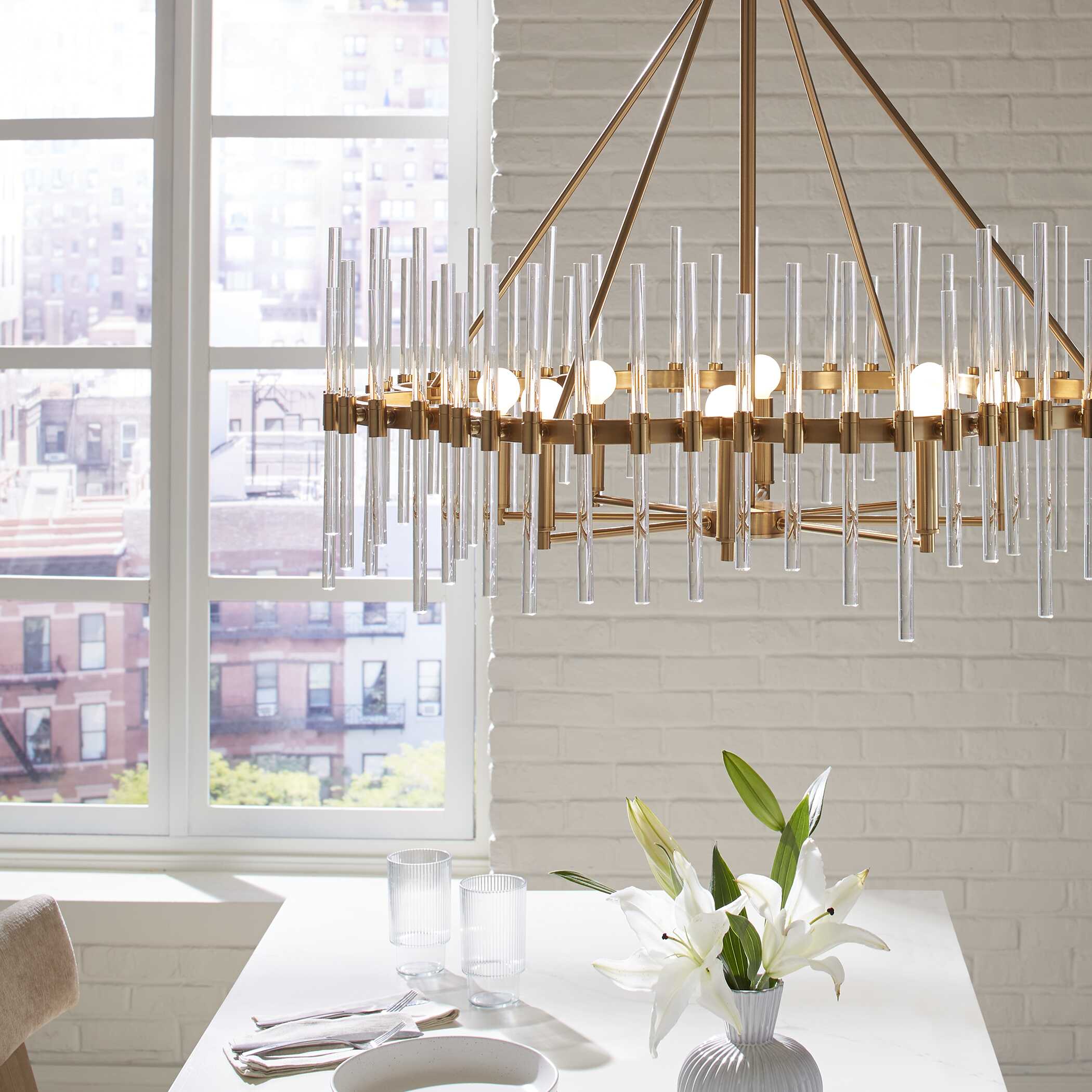 Crystal Stick 8 Light Brass Chandelier