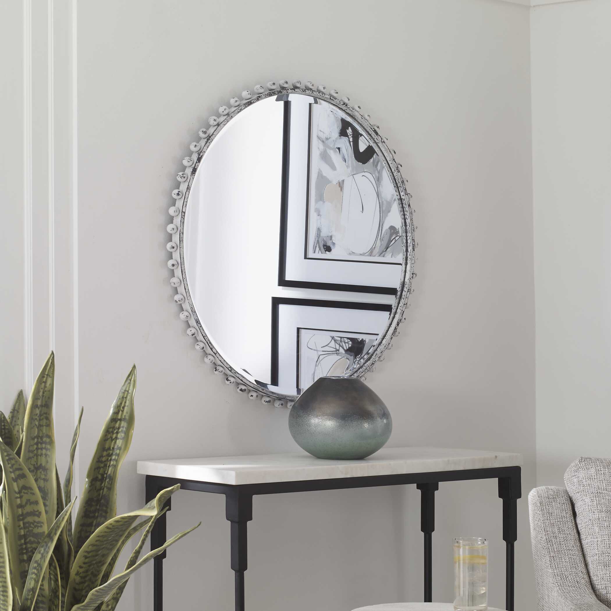Taza Round Mirror, Antique White