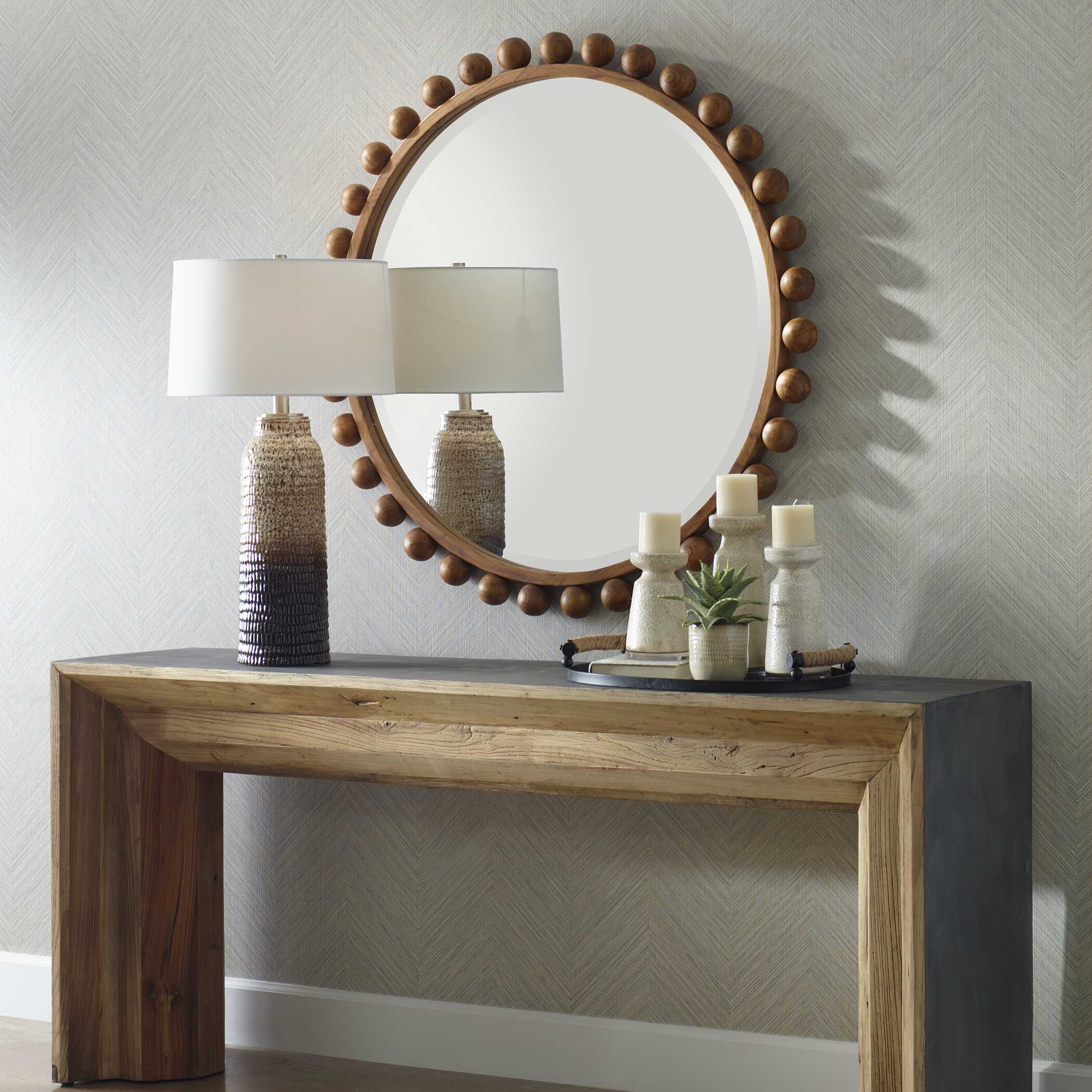 Cyra Wood Beaded Round Mirror