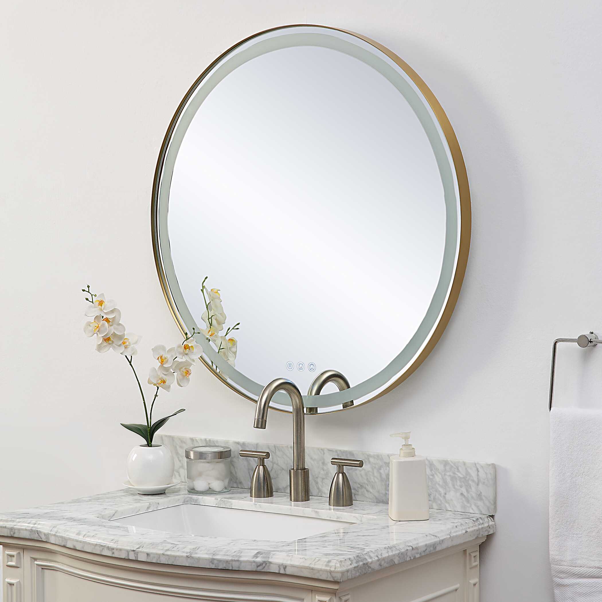 Crofton Lighted Brass Round Mirror
