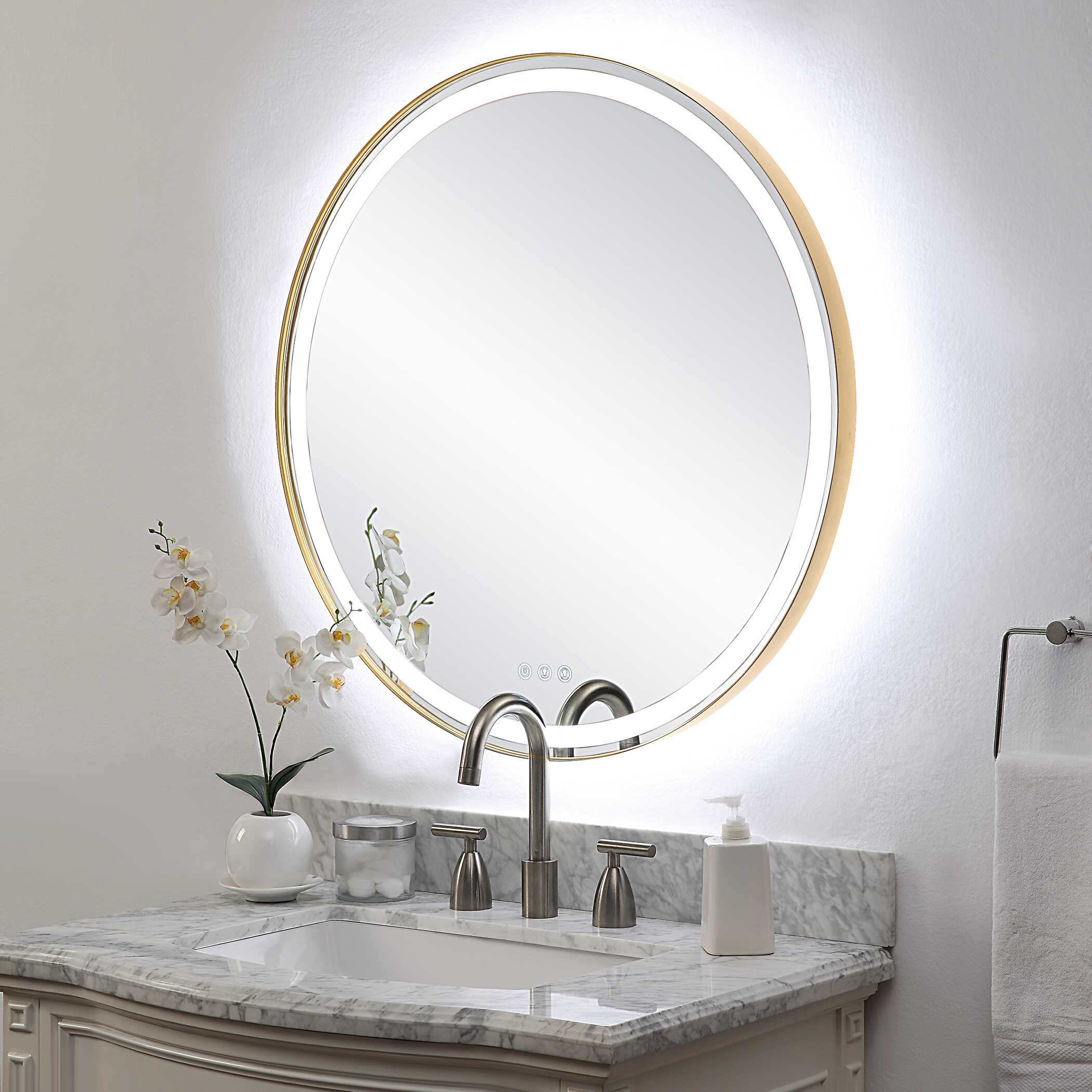Crofton Lighted Brass Round Mirror