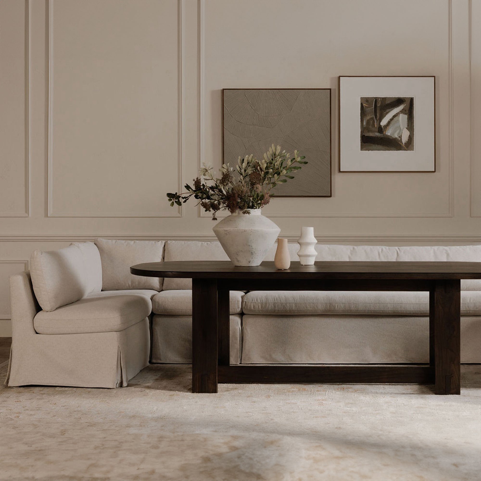 Fable Slipcover Dining Banquette L-Shape Beige 96 in.