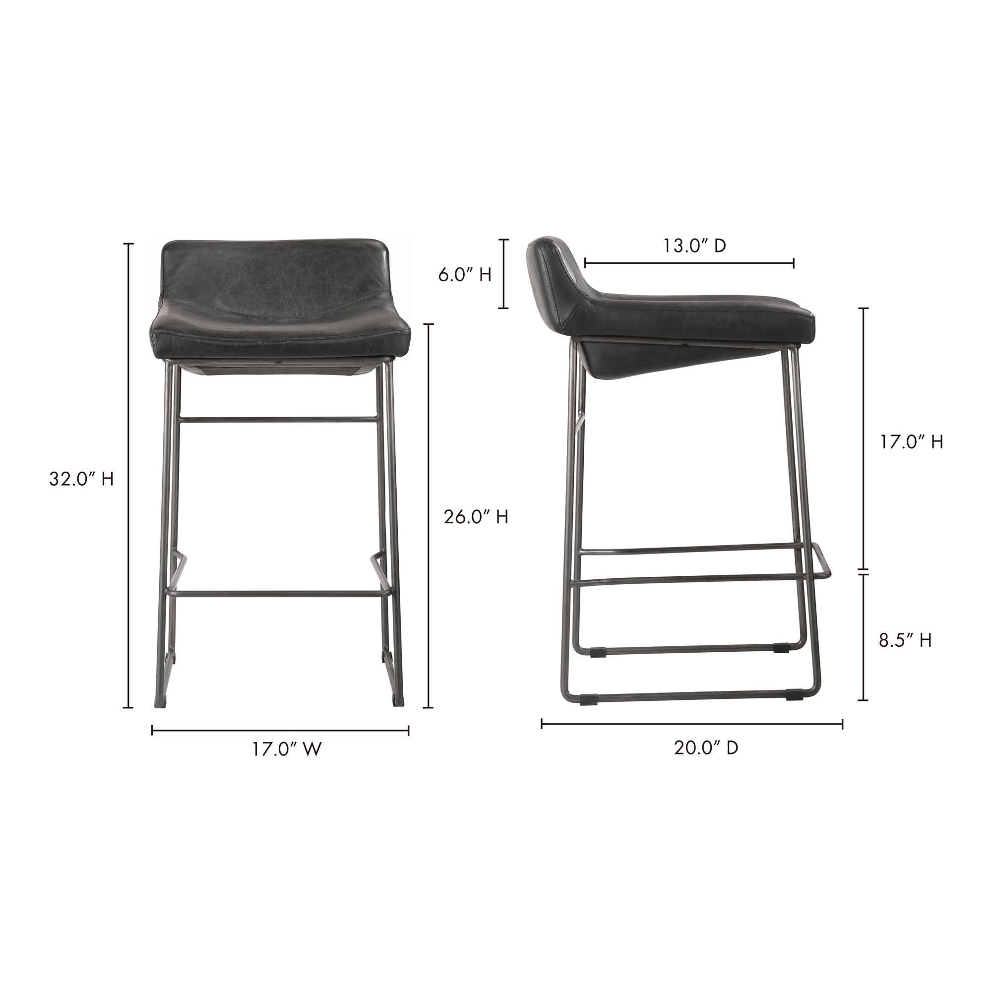 Starlet Counter Stool Onyx Black Leather - Set Of Two