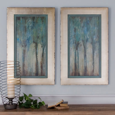 These Modern, Oil Reproduction Landscapes Feature A Hand Applied, Dabbed Finish. Muted Shades Of Blue, Green, And Beige Cr...