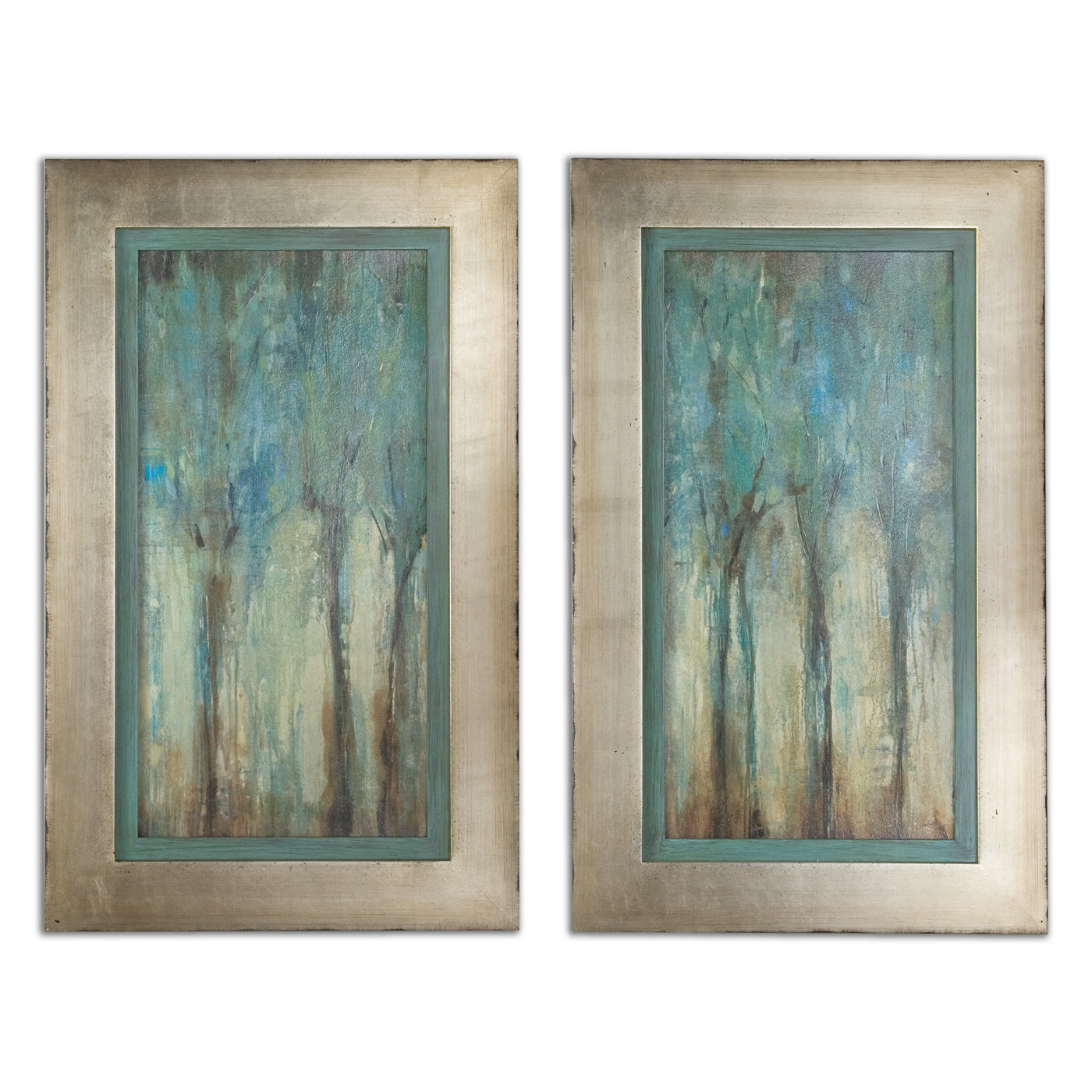 These Modern, Oil Reproduction Landscapes Feature A Hand Applied, Dabbed Finish. Muted Shades Of Blue, Green, And Beige Cr...