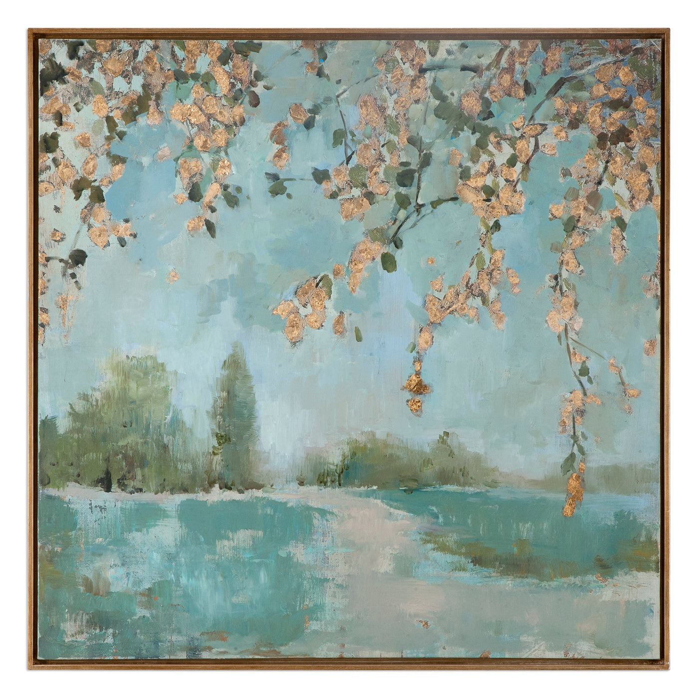 A Tranquil Nature Scene Is Portrayed In This Hand Painted Landscape On Canvas. Sophisticated Shades Of Blue, Green, And Gr...