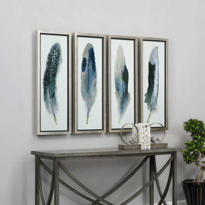 Dark Blue And Black Hues Against An Off-white Background Create A Striking Contrast In These Contemporary Feather Prints. ...