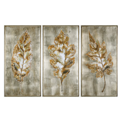 Contemporary In Design, These Hand Painted Canvases Feature Rich, Metallic Hues. Gold, Bronze, And Cream-colored Leaves Ar...