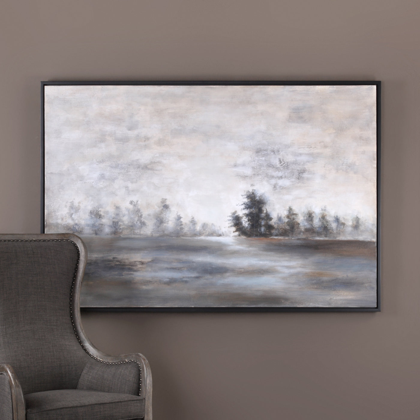 Moody Shades Of Gray, Green, And Charcoal Comprise This Masculine, Hand Painted Landscape. A Peaceful Quality Emanates Fro...