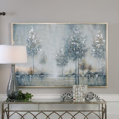 Reminiscent Of A Snowy Lake, This Hand Painted Landscape On Canvas Presents Cool Tones In A Subdued Palette. Icy Blue, Lig...