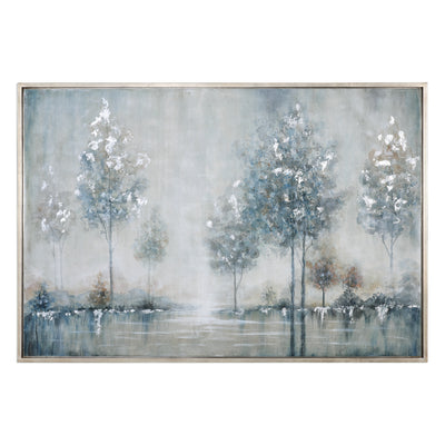 Reminiscent Of A Snowy Lake, This Hand Painted Landscape On Canvas Presents Cool Tones In A Subdued Palette. Icy Blue, Lig...