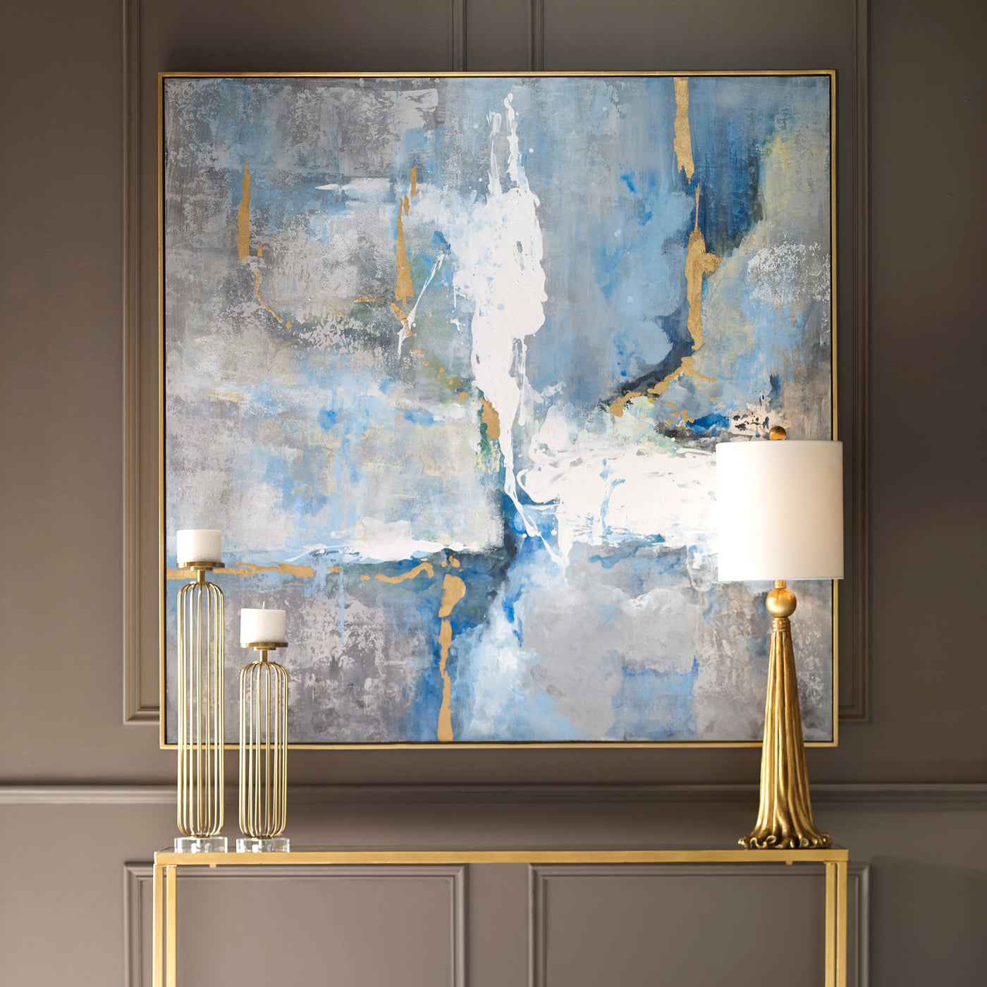 Evoking A Mid-century Modern Style, This Hand Painted Abstract On Canvas Makes A Bold Statement. Bright Blue Shades Are Co...