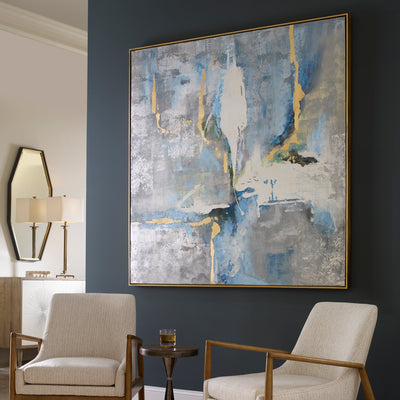 Evoking A Mid-century Modern Style, This Hand Painted Abstract On Canvas Makes A Bold Statement. Bright Blue Shades Are Co...