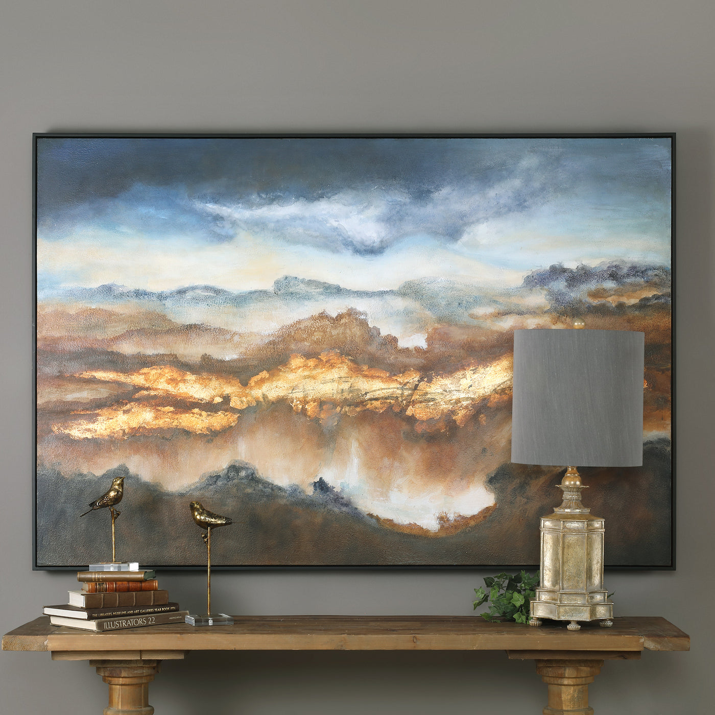 Rich Earth Tone Colors Combined With Brilliant Blue Shades Are Used To Create This Hand Painted Landscape On Canvas. This ...