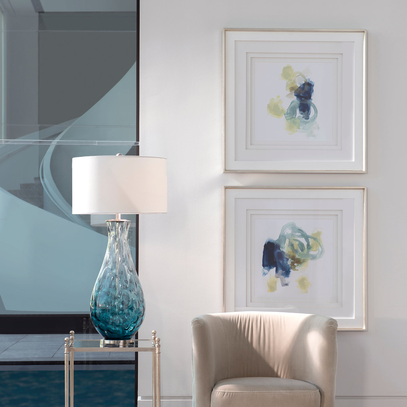 These Contemporary Abstract Prints Showcase Watercolor Tones Of Teal, Royal Blue, And Yellow-green Against A Bright White ...