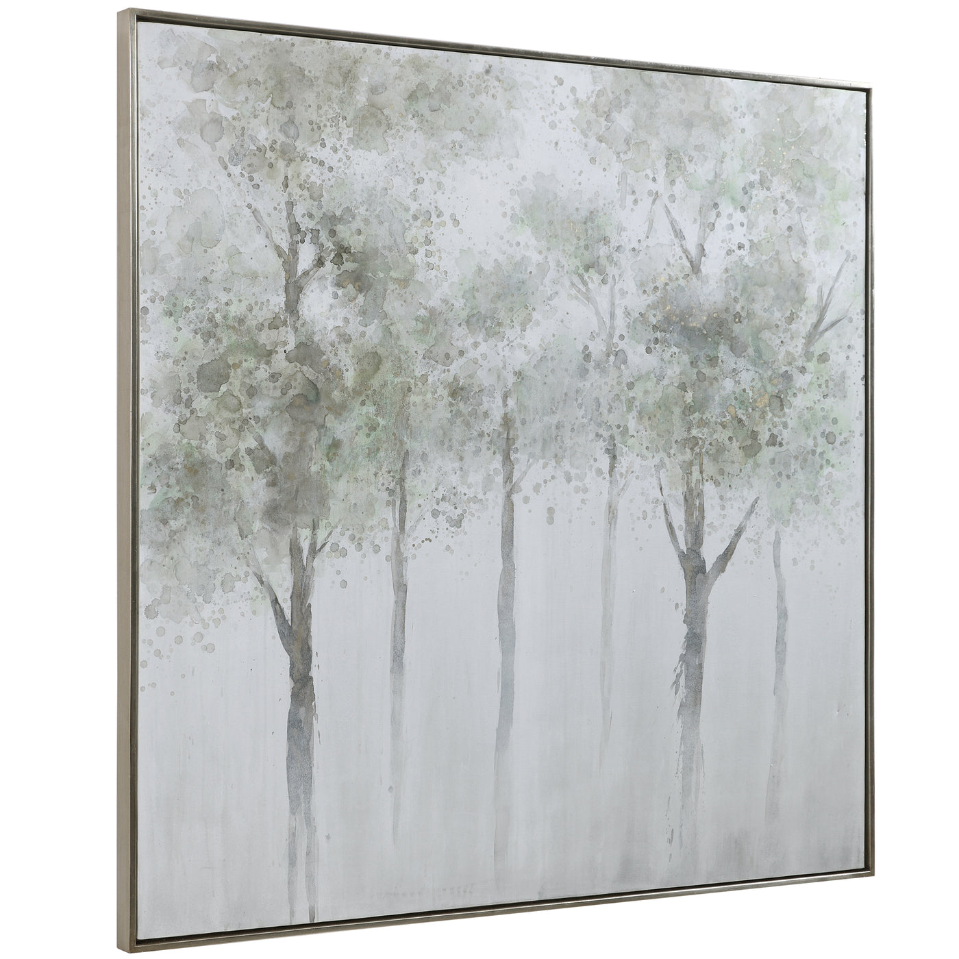 Hand Painted Forest Scene On Canvas Showcases A Watercolor Style With Soft Sage Green, Yellow And Gray Tones And A Silver ...