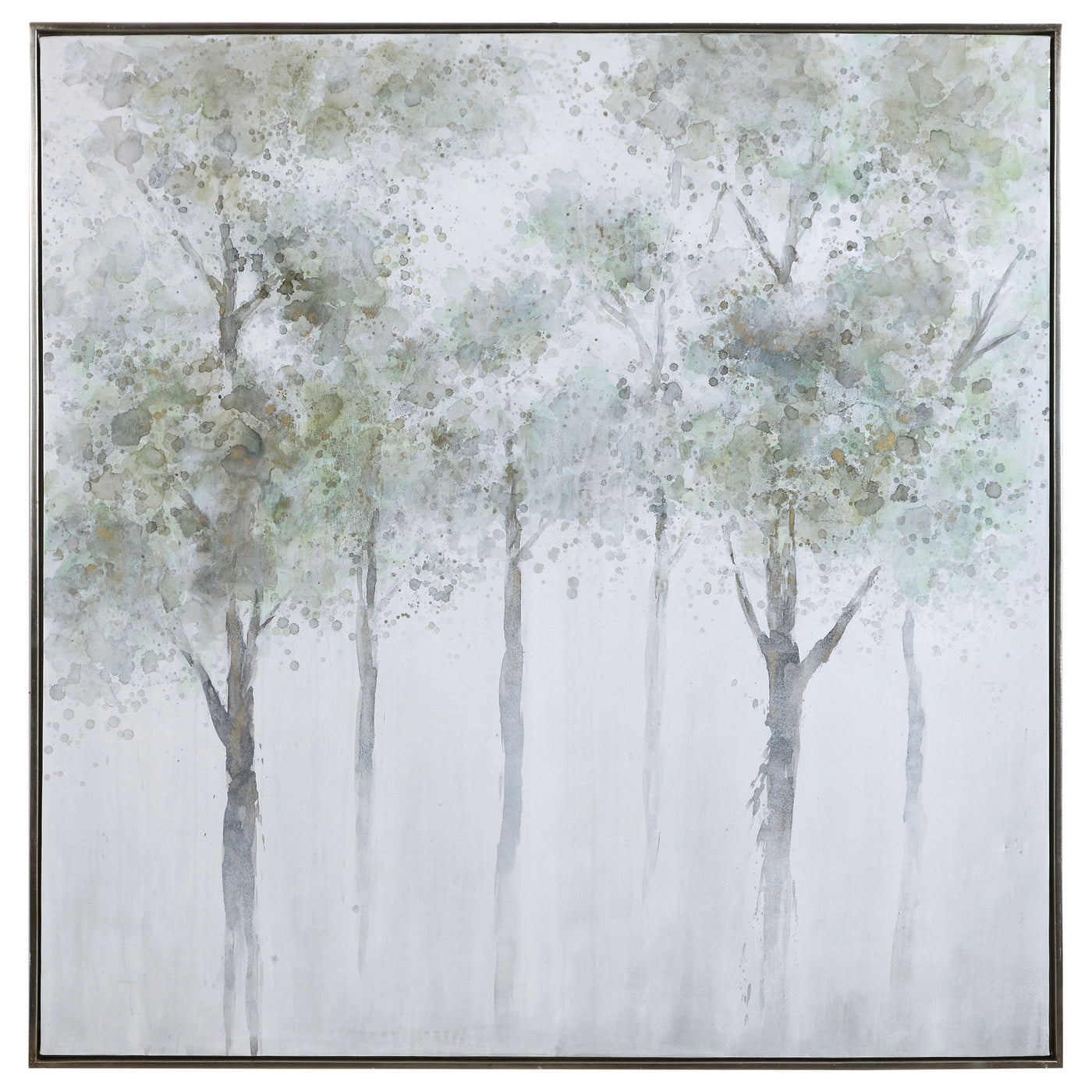 Hand Painted Forest Scene On Canvas Showcases A Watercolor Style With Soft Sage Green, Yellow And Gray Tones And A Silver ...
